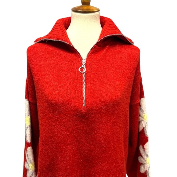 TOPSHOP Red Daisy Quarter Zip Collared Crop Cozy Knit Sweater Womens 10 - Picture 8 of 15